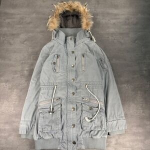 Military Parka Jacket L Gray Blue Utility Faux Fur Hood Fleece Lined Cargo Coat